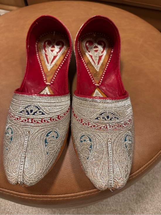 Handmade Shoes - Traditional Embroidered Silver Flats with Red Lining